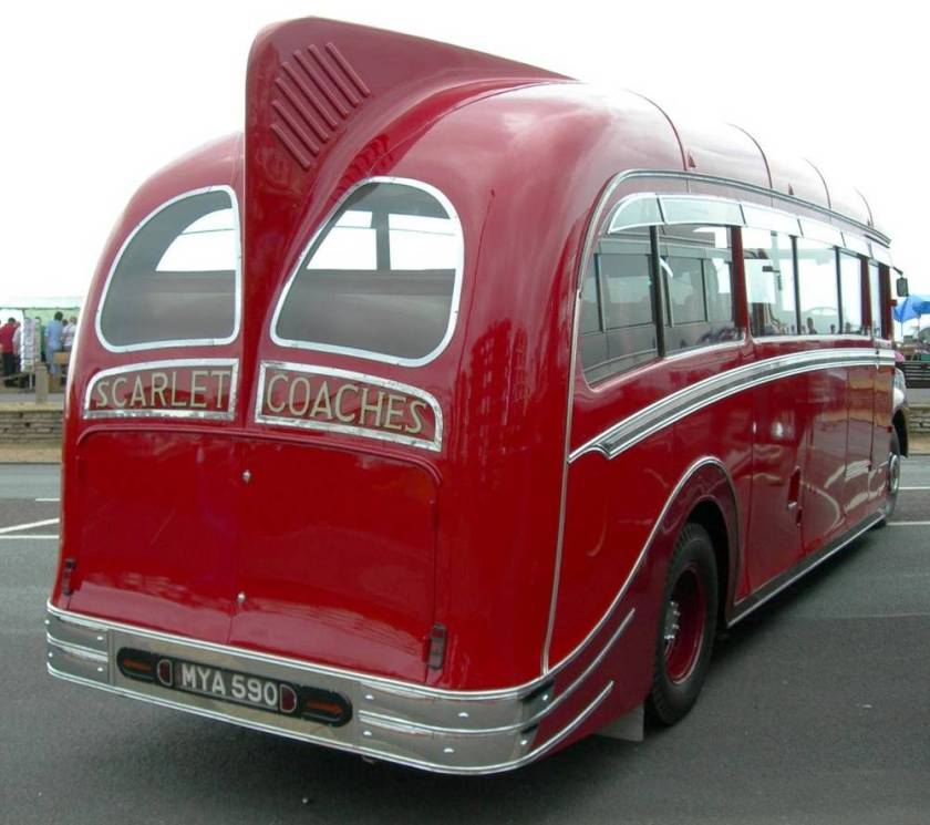 1951 Leyland Comet-Harrington MYA590 showing 'Dorsal Fin' and 'Pirates Hat' strakes on rear wheel arches.