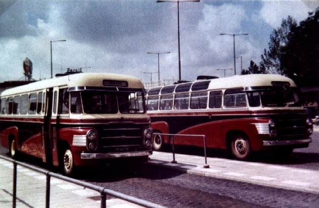 1962 Volvos 59-49 kleur Van Gog-bus oorspronkelijke kleuren. Links de 59 en rechts de 49 Rotterdam CS