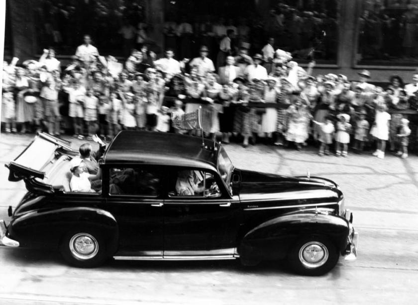 1954 Queen Elizabeth II and Prince Philip wave to the crowds from a Humber car during their visit to Brisbane in 1954