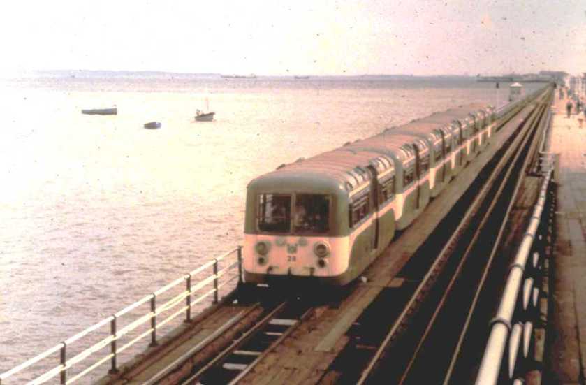 1949 Seven of the 28 Southend Pier Railway cars, built by AC-Cars in 1949 train along pier2