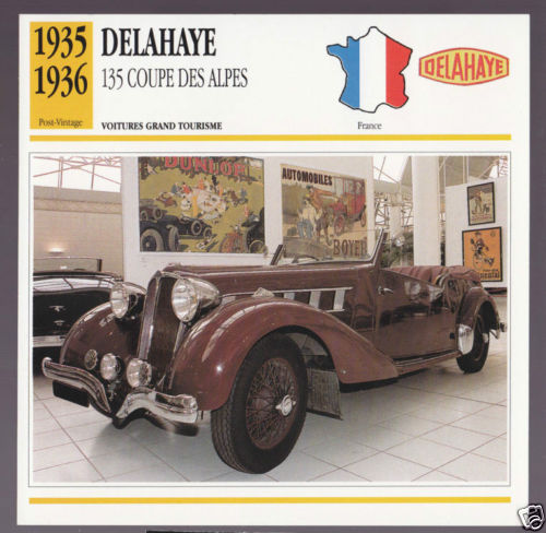 1935-1936 Delahaye 135 Coupe des Alpes Car Photo Spec Sheet Stat French Card
