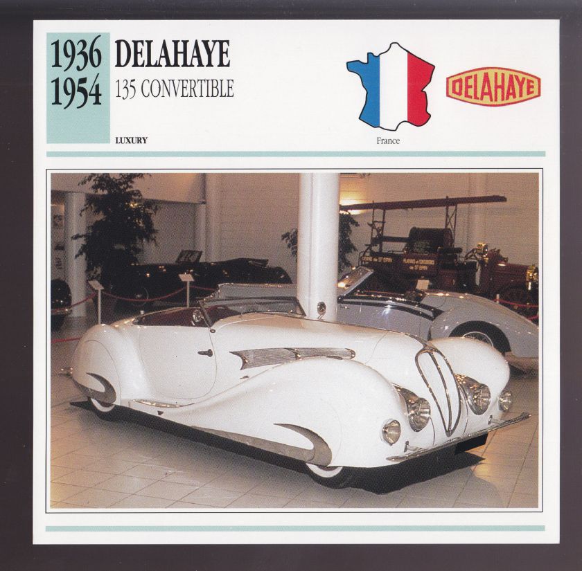 1936-1954 Delahaye 135 Convertible France Luxury Car Photo Spec Sheet Info CARD