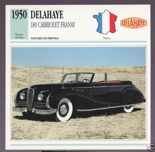 1950 Delahaye 180 Cabriolet Franay Convertible Car Photo Spec Sheet French Card