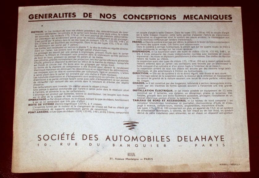 1950 DELAHAYE Type 135 M - 148 L - 135 MS - 175 - French text - 8-pgs brochure 8