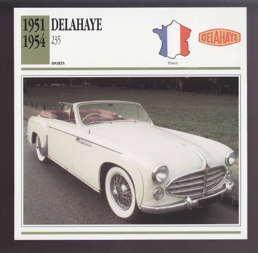 1951-1954 Delahaye 235 Convertible Car Photo Spec Sheet Info CARD 1952 1953