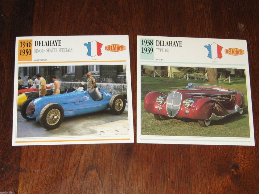 DELAHAYE 165 + single seater racer 2 color photo+specification CARDS, FREE POST a